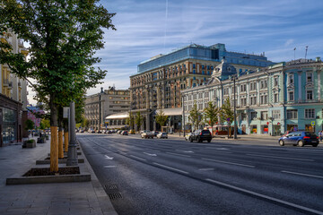 Fototapeta na wymiar Tverskaya Street in Moscow, Russia. It is the main radial street of Moscow. Moscow architecture and landmark.