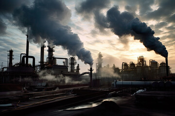 Factory emitting smoke and pollution, contributing to environmental degradation - Generative AI - obrazy, fototapety, plakaty