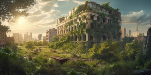 Fototapeta na wymiar Post apocalyptic overgrown urban buildings