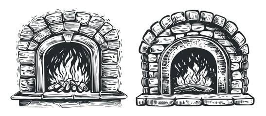 Fireplace with burning wood. Stone oven with flames of fire. Sketch vector illustration in style of old engraving