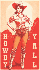 Portrait of a cowgirl. Howdy yall. 
Artwork design, illustration for T-shirt design, printing, poster, wild west style, American western.