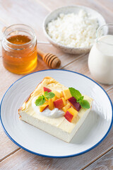 Cottage cheese or ricotta cheese casserole, zapekanka. Sweet breakfast cheese cake