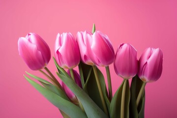 Fototapeta premium Pink Tulips on Pink Background for Spring and Easter