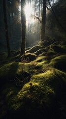 Obraz premium The Secret World of Moss in the Forest. Gen AI.