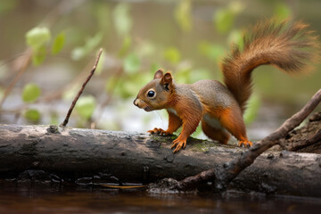 Obraz premium Cute little red squirel on a trunk - AI Generated