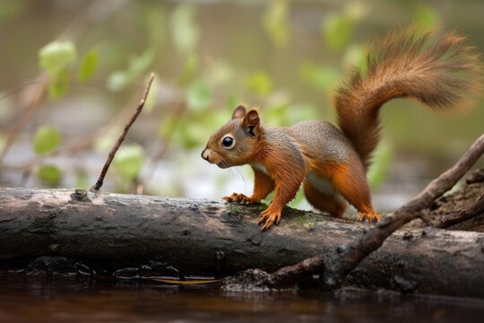 Cute little red squirel on a trunk - AI Generated