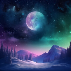 Fototapeta premium Night futuristic Landscape, Mountains, tree on the Snow, neon blue and purple light. Night landscape (AI Generative)