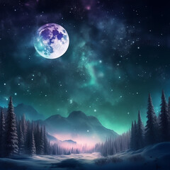 Fototapeta na wymiar Night scene - Beautiful trees and mountains in night skies with full moon and northern lights. fantasy style artwork with vintage color tone. (AI Generative)