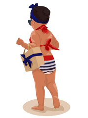A little girl in a bathing suit and with a bag walks along the beach. Isolated on transparent background. Vector graphics.