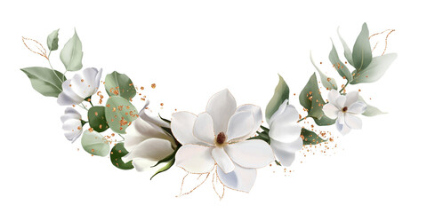 Flowers bouquet isolated on transparent background. White flower, blue cornflower, rose, green leaves with gold. Spring floral composition for design wedding cards, frame, print, wallpaper