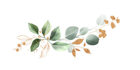 Watercolor bouquet of leaves and eucalyptus branch with gold. Botanical herbal illustration for wedding or greeting card. Hand painted spring composition isolated on white background. Abstract and rea