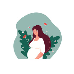 Poster with beautiful young pregnant woman with long hair Minimalistic design, flat cartoon vector illustration. cute pregnant girl