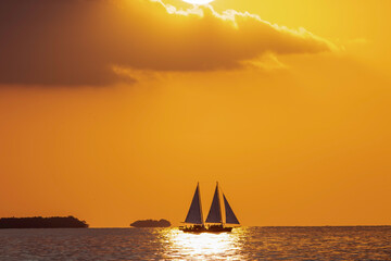 Sailboat highlighted by the golden hour sunset on the ocean in Key West Florida. 