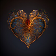 Abstract isolated color fractal heart on the black background. Generative AI