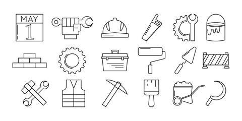 International Labor day and Industry tool icon set. Vector flat linear design.