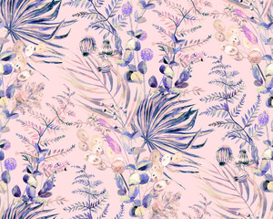 Seamless watercolor botanical pattern with tropical palm leaves and herbs in boho style for textile 
