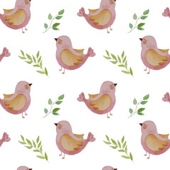Seamless pattern with pink watercolor birds and green branches