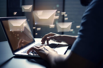 Close-up hands typing on keyboard laptop with email icons created with Generative AI Technology