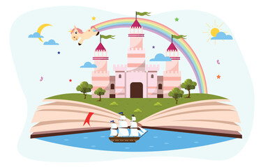 Vector illustration of an open book with favorite fairy tales. Childrens illustration of a boat on the water, a beautiful castle, a rainbow, a flying pony, clouds and the sun.