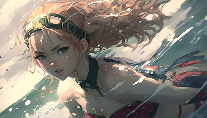 a beautiful woman who is swimming in the ocean in anime style created with generative AI
