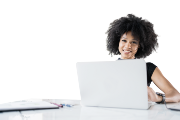 Workplace in the office cheerful woman using a computer, transparent background, png, isolated.