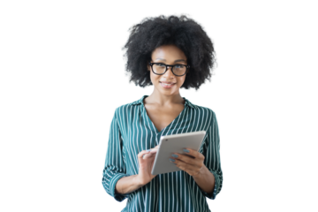 Curly-haired female student with glasses with a tablet, transparent background, png, isolated.