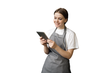 A florist woman using a tablet is standing in uniform, transparent background, png, isolated.