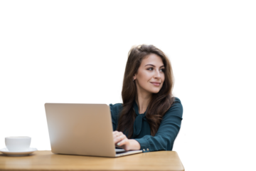 Lawyer young woman using laptop computer, transparent background, png, isolated.