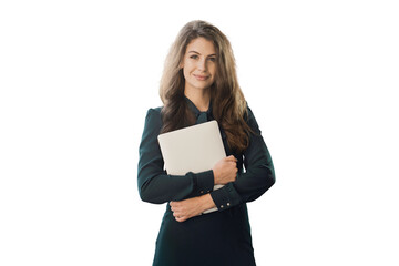 The teacher is a young woman holding a laptop, transparent background, png, isolated.