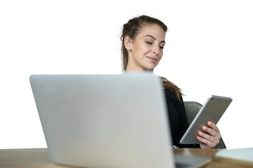 Young female freelancer daily work with computer and tablet online, transparent background, png, isolated.
