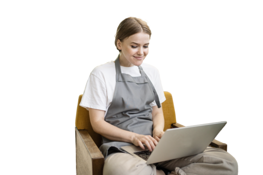 Florist woman selling online using a website and laptop, transparent background, png, isolated. - Powered by Adobe
