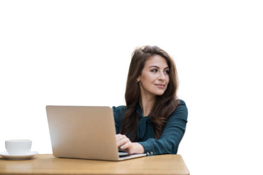 Lawyer young woman using laptop computer, transparent background, png, isolated.