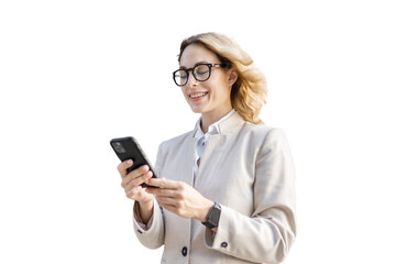 The person prints a message in the phone is a woman in business clothes, transparent background, png, isolated.
