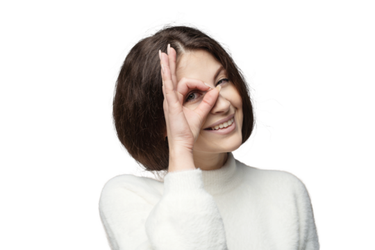 Portrait of a woman smiling and showing a gesture, transparent background, png, isolated.