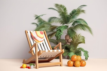 Fototapeta premium Palm trees, deck chair and beach umbrella on mint color background. vacation and tourism concept. generative AI