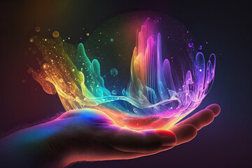 hand holding a rainbow concept of creativity - obrazy, fototapety, plakaty