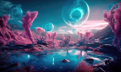 A magical landscape of a turquoise lake surrounded by mountains, trees and bubbles in a vast alien desert. Generative AI
