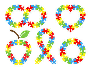 Autism awareness symbols set. Infinity, heart, apple, ribbon and circle puzzle pieces.