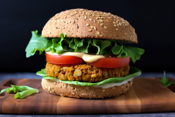 Vegan burger patty made with quinoa, lentils, and chickpeas with lettuce, tomato, and vegan mayo on a whole wheat bun, generative ai