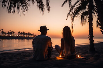 Young couple watching sunset on the beach