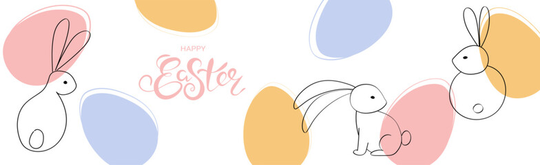 Horizontal Easter banner. Flat design with typography, hand-painted eggs and hares in pastel colors. Cartoon, doodle, linear art. Vector poster, postcard, banner, invitation, website title. copy space