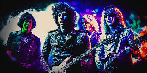Obraz na płótnie Canvas Rock band musicians with psychedelic background, illustration, generative ai