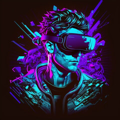 Illustration of a man with virtual reality goggle playing AR augmented reality game