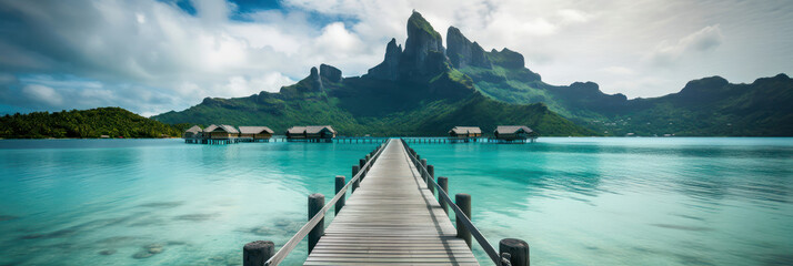 Bungalows with thatched roofs are located around a tropical island. beautiful landscape and luxury holiday. generative AI