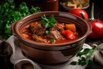 Steamy bowl of traditional Hungarian goulash with tender beef, paprika, and savory spices, garnished with a sprig of fresh parsley, generative ai
