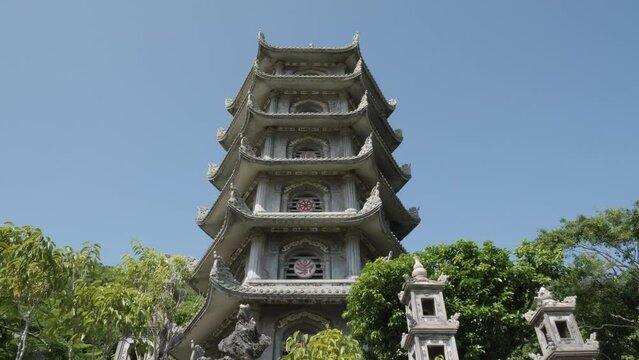 Non Nuoc Pagoda Is A Mountainside Buddhist Temple In The Mable Mountains In Da Nang, Vietnam. Tilt-down Shot