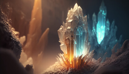 raw crystalline gem mined in a borehole. Nuggets: emerald, ruby, diamond, quartz. Created with AI.