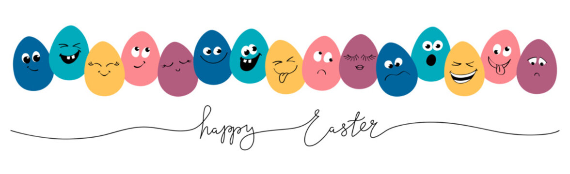Horizontal Easter banner. Cartoon eggs with different emotions. Flat design with hand-drawn typography. Cartoon, doodle. Vector poster, postcard, banner, invitation, website title.