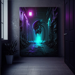 abstract tunnel background, tunnel of light, abstract blue tunnel, Neon Glowing Blue Purple Cyber Retro Sci Fi Futuristic Concrete Glossy Grunge Tunnel Underground Corridor Hallway Basement Hangar, ar