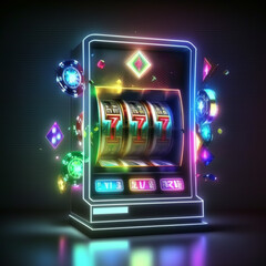 slot machine with lights, Online casino, banner with podium with smartphone, casino slot machine, Casino Roulette and poker chips in dark scene with neon rhombus frames and hologram of digital